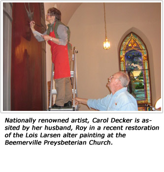 Nationally renowned artist, Carol Decker is assited by her husband, Roy in a recent restoration of the Lois Larsen alter painting at the Beemerville Preysbeterian Church.